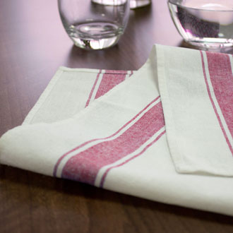 Red stripe glass cloths Glass cloths next to drinking glasses